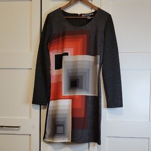 Desigual Geometric Print Mini Dress — Charcoal/Red/Grey — Long Sleeve — Size L